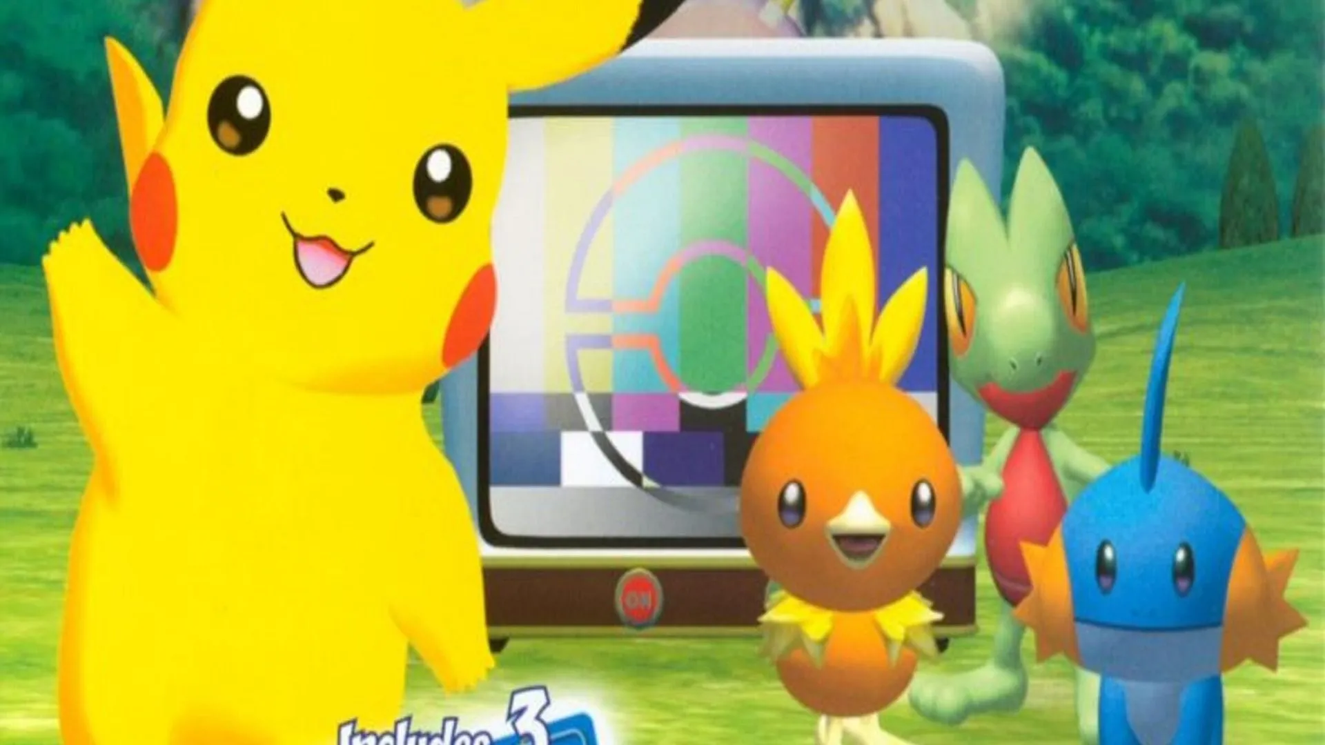 Bìa game Pokémon Channel với Pikachu đang xem TV cùng giáo sư Oak.