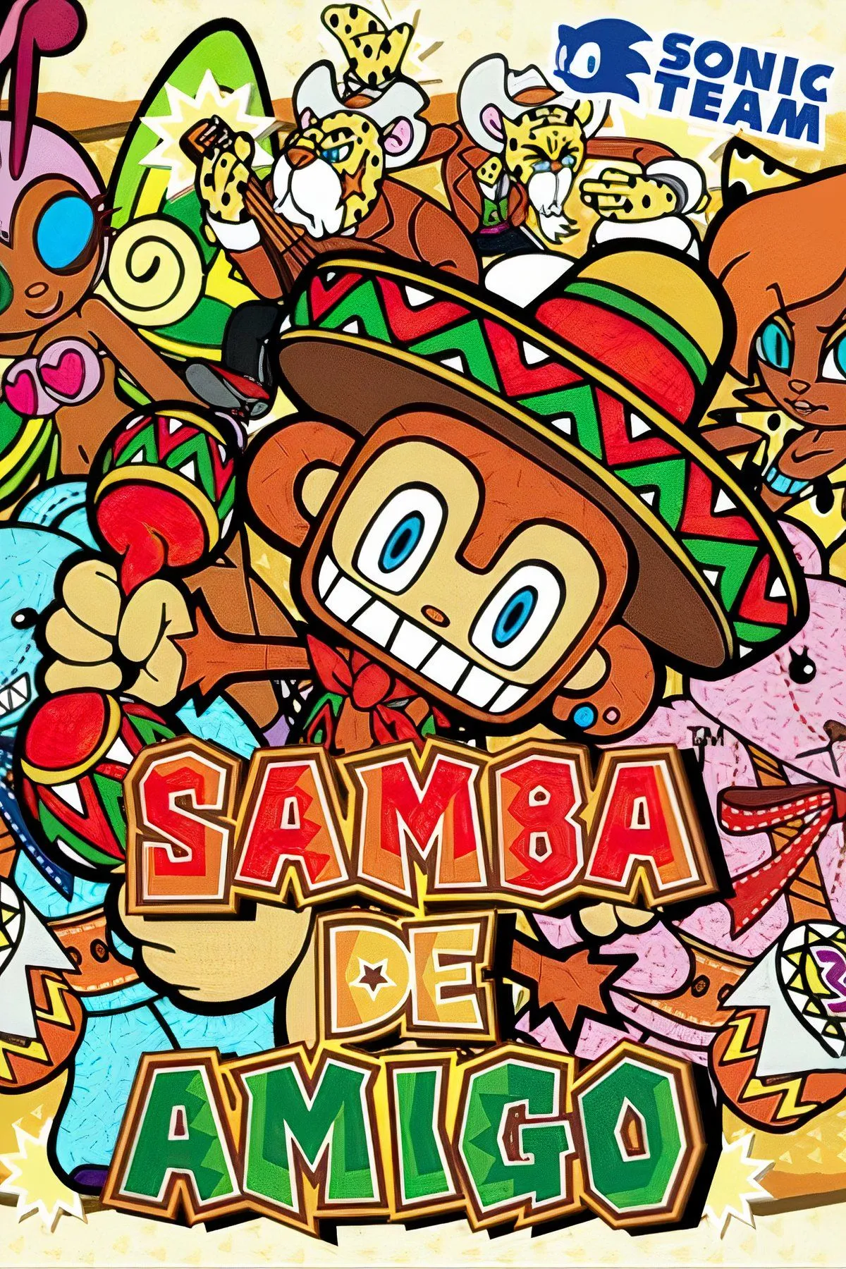 Bìa game Samba de Amigo với khỉ Amigo cầm maraca, tượng trưng cho game nhịp điệu sử dụng tay cầm maraca