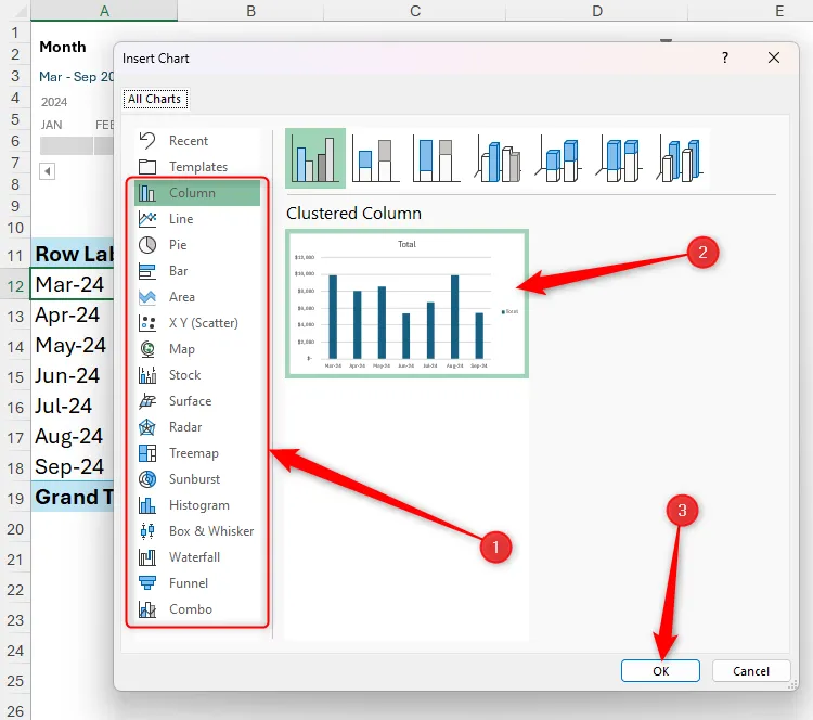 Biểu đồ cột nhóm (Clustered Column Chart) được chọn trong hộp thoại Insert Chart của Excel.