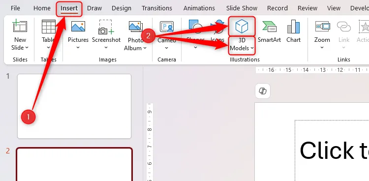 Biểu tượng '3D Models' (Mô hình 3D) trong thẻ Insert (Chèn) trên thanh Ribbon của Microsoft PowerPoint.