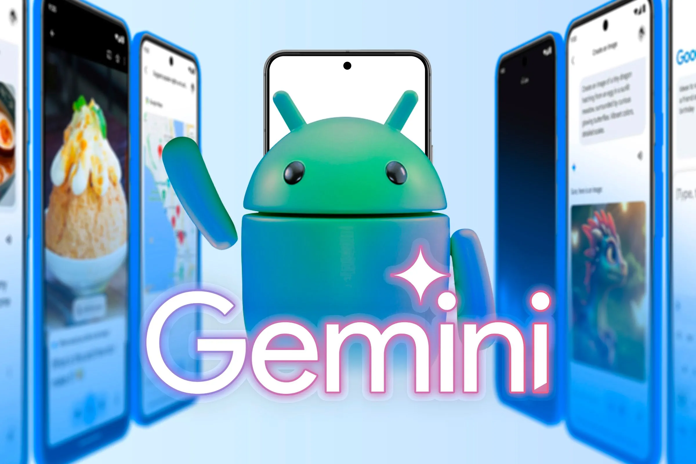 Biểu tượng Android và logo Gemini AI cùng các tính năng thông minh trên Pixel 9a.