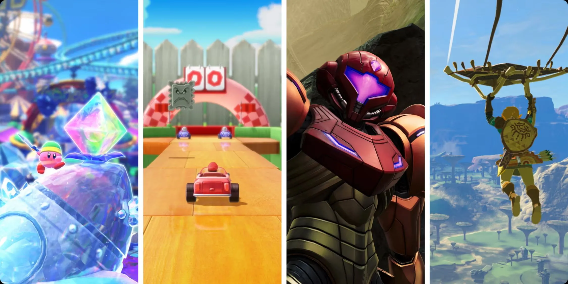 Biểu tượng các phiên bản game Nintendo Switch 2 Edition của Kirby, Mario Party, Metroid và Zelda.