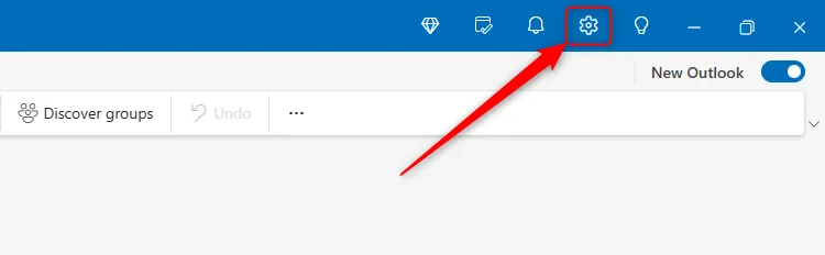 Biểu tượng Cài đặt (Settings) hình bánh răng ở góc trên bên phải của giao diện Outlook mới.