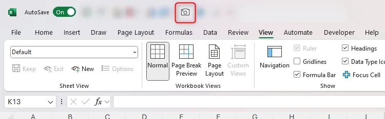 Biểu tượng Camera đã được thêm vào Thanh Truy Cập Nhanh (QAT) trong Excel.