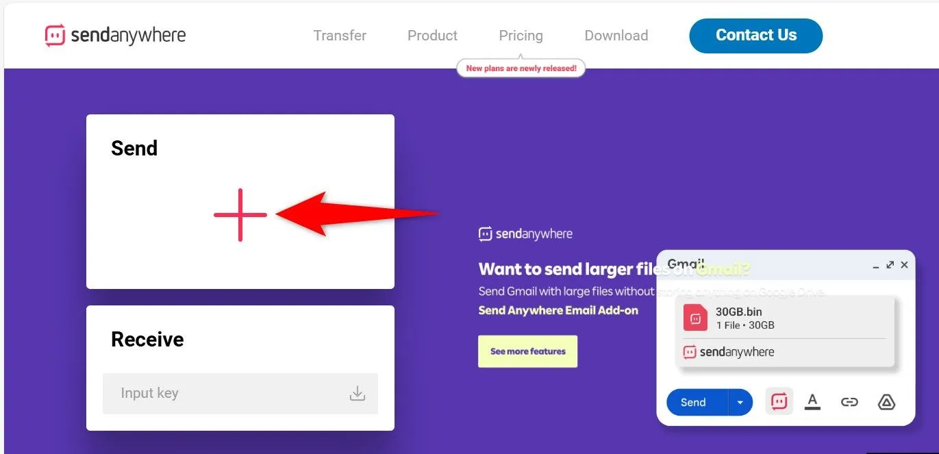 Biểu tượng dấu cộng được đánh dấu trên Send Anywhere để thêm file cần gửi.