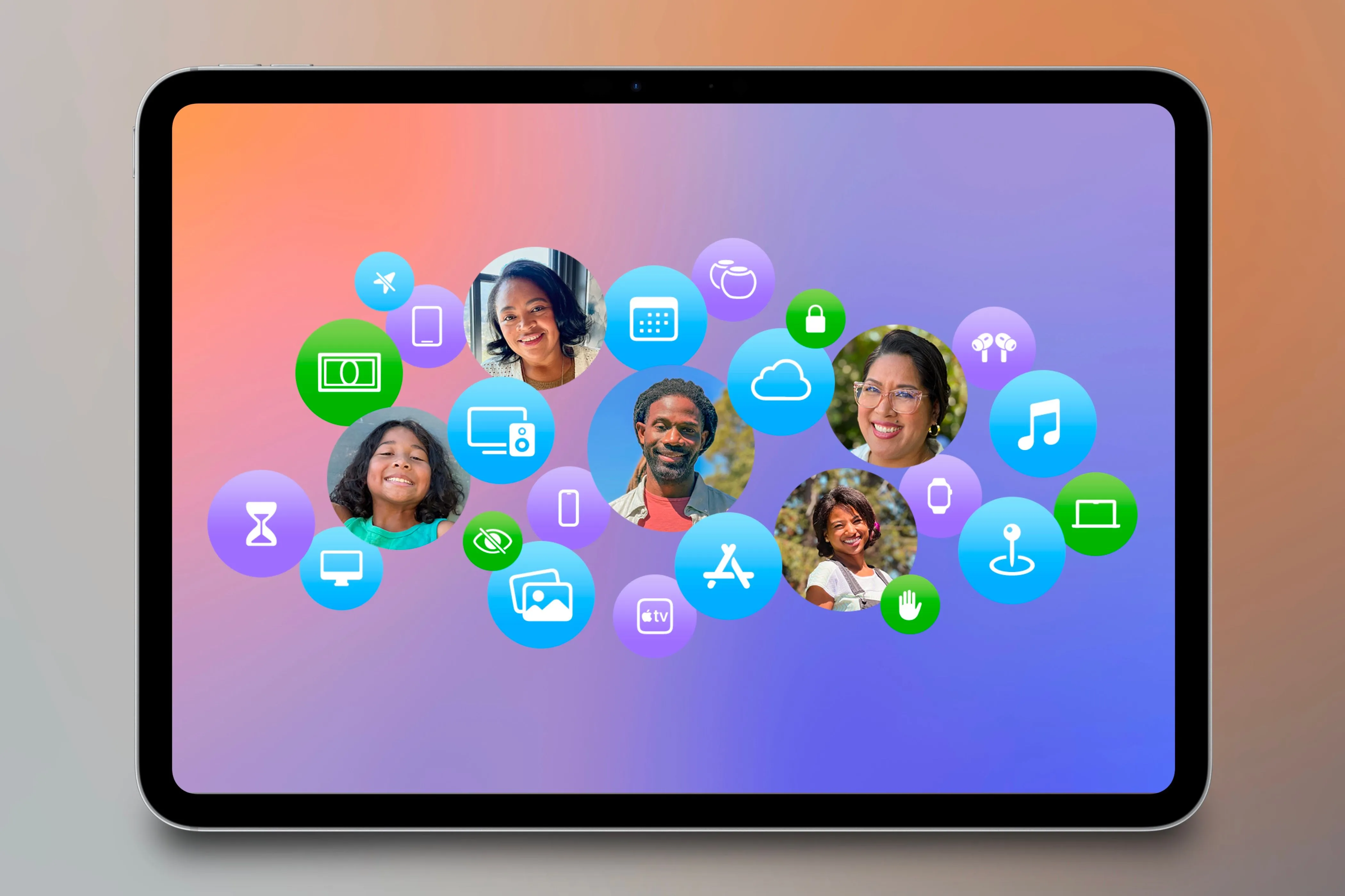Biểu tượng Family Sharing trên iPad với nền màu sắc, nhấn mạnh tính năng quản lý gia đình.
