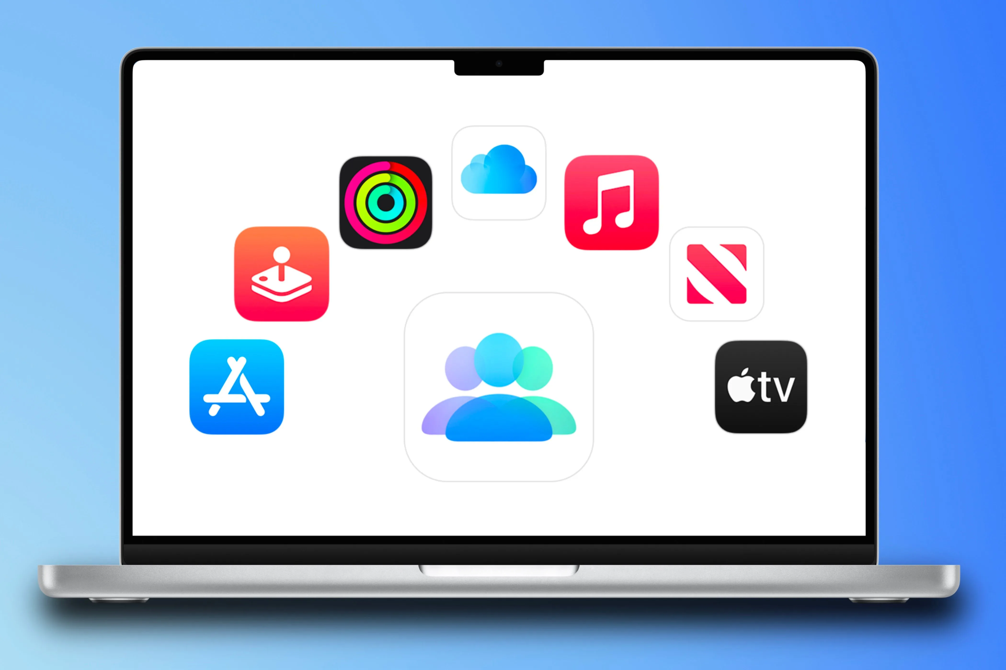 Biểu tượng Family Sharing và các dịch vụ Apple One trên màn hình MacBook Pro, minh họa tính linh hoạt của gói dịch vụ tùy chỉnh