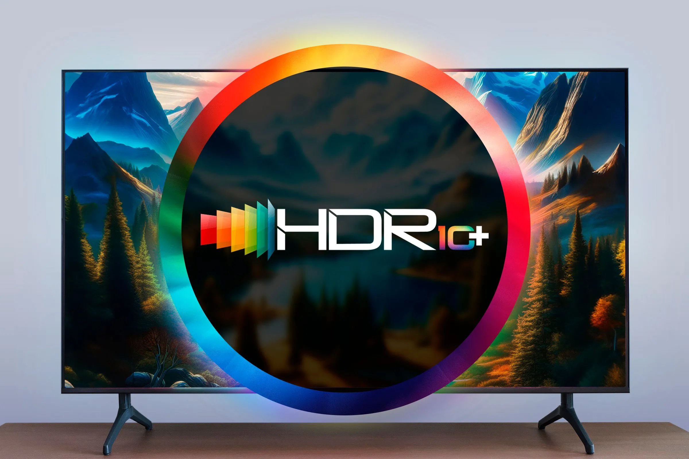 Biểu tượng HDR10+ nằm giữa hình ảnh TV và bánh xe màu, minh họa công nghệ HDR trên màn hình.