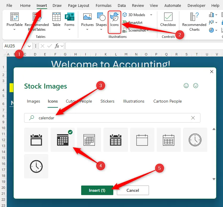 Biểu tượng lịch được chọn trong hộp thoại Stock Images của Microsoft Word, sẵn sàng để chèn vào trang tính Excel.