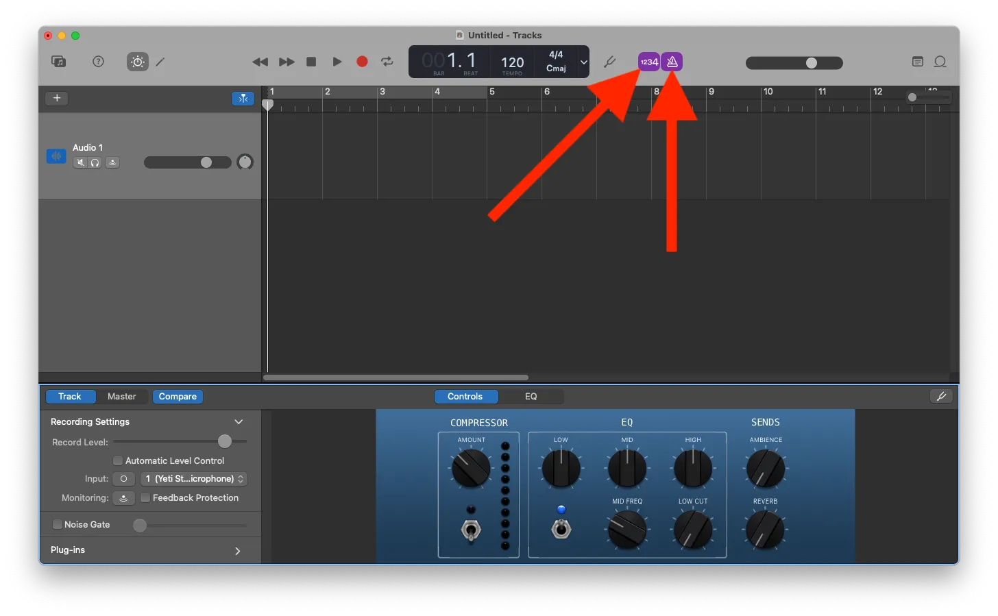 Biểu tượng nút metronome và 'Count in' trên thanh công cụ của GarageBand, cần tắt khi chỉnh sửa podcast.