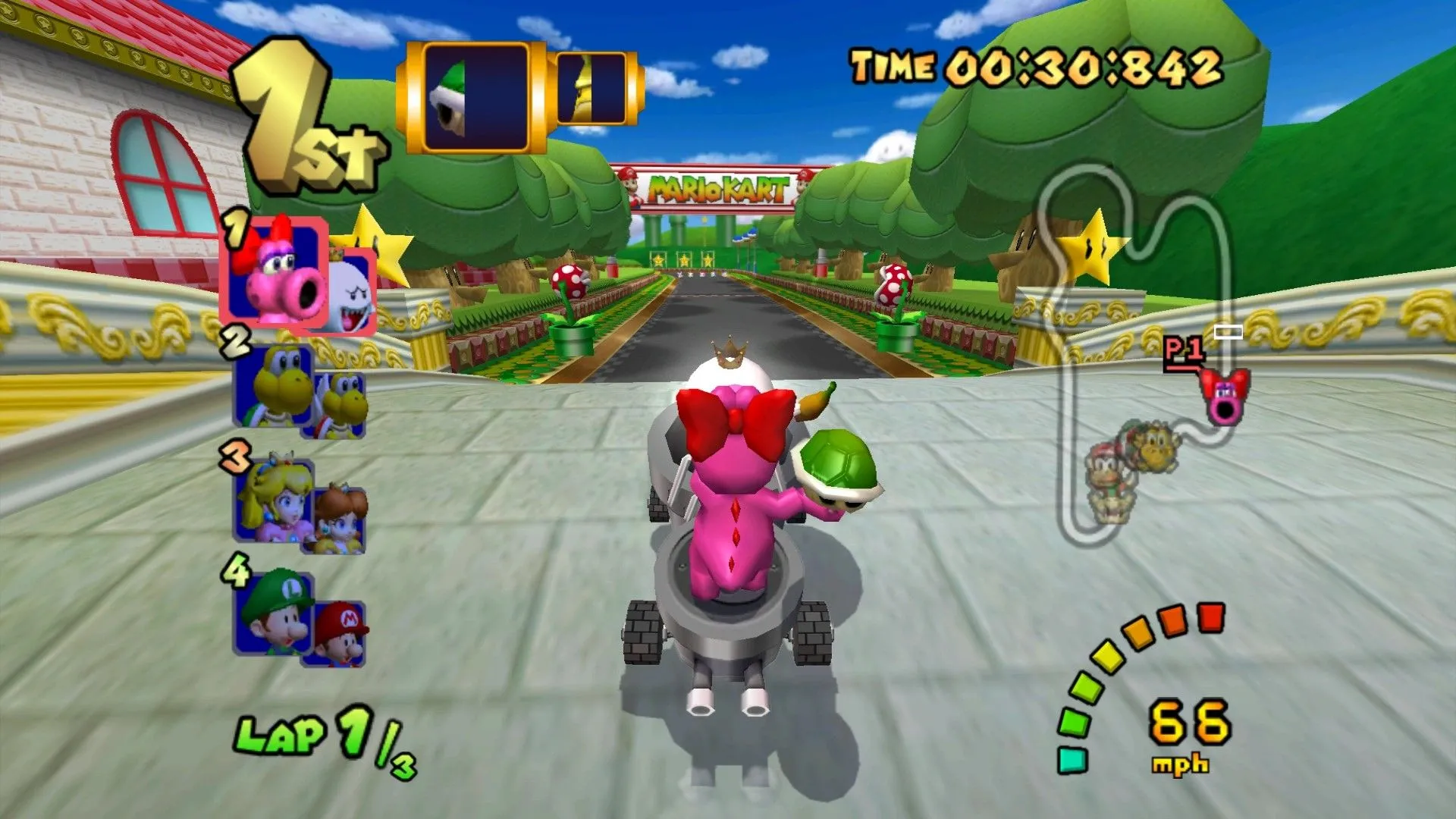 Birdo và Boo dẫn đầu cuộc đua đầy kịch tính trong Mario Kart: Double Dash!! trên GameCube.