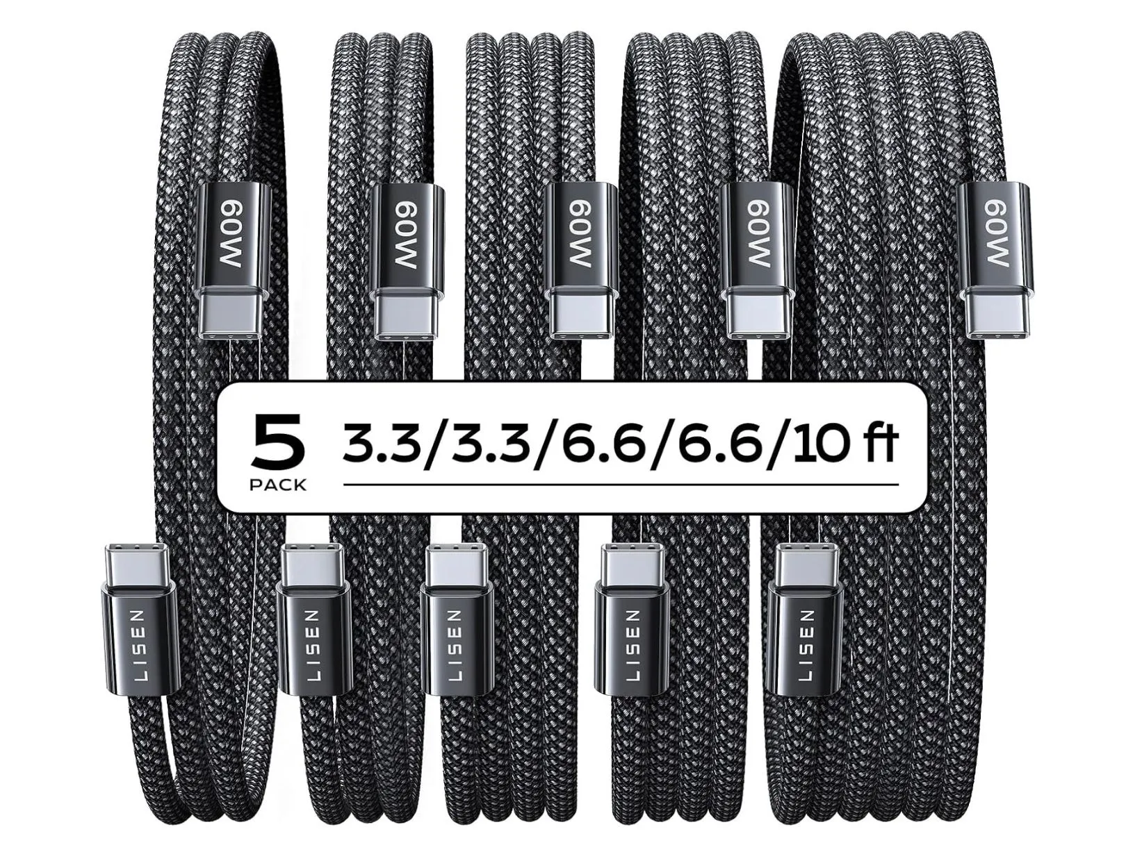 Bộ 5 cáp sạc USB-C Lisen chất lượng cao với nhiều độ dài và khả năng sạc nhanh 60W.