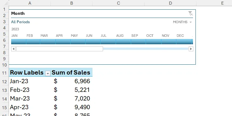 Bộ lọc Timeline trong Excel được đặt phía trên PivotTable, giúp lọc dữ liệu theo thời gian.