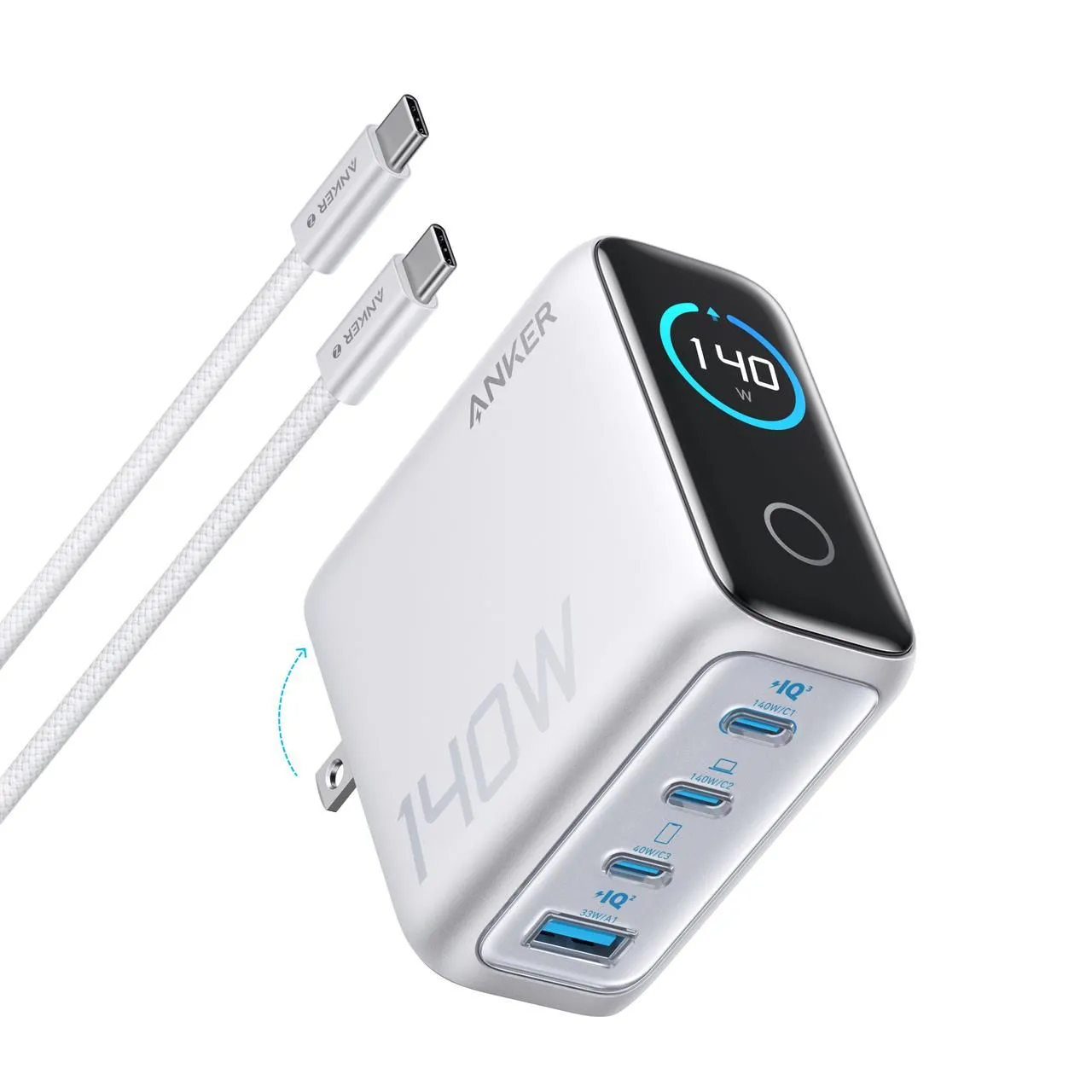 Bộ sạc Anker 140W màu bạc với màn hình hiển thị thông tin, nổi bật các cổng USB-C và USB-A.