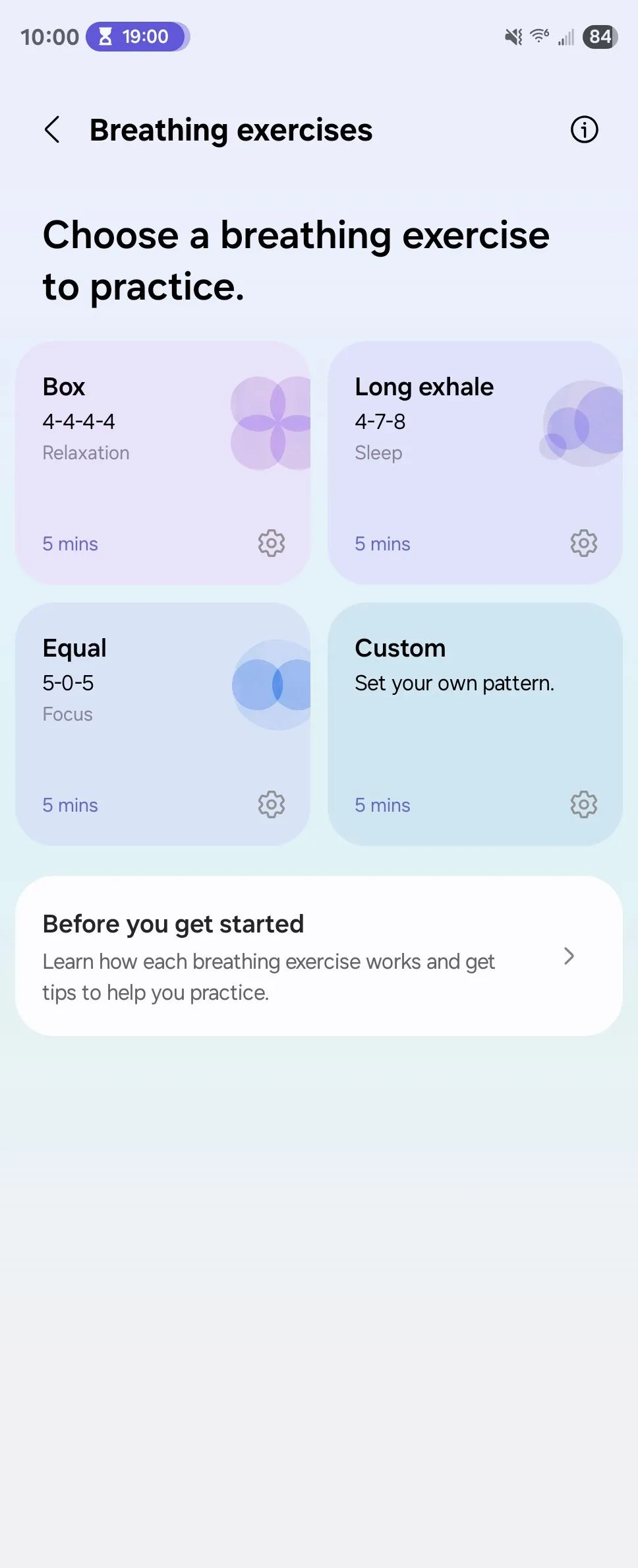 Các bài tập thở đa dạng như hộp thở, thở dài để thư giãn trong Samsung Health