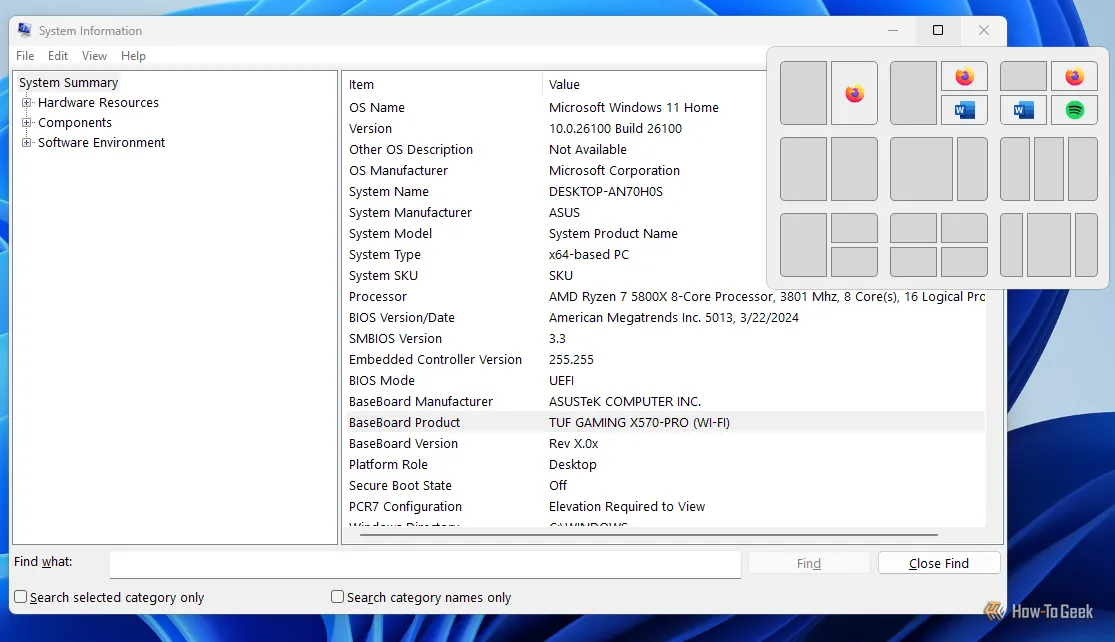 Các bố cục Snap Layouts tiêu chuẩn có sẵn trong Windows 11, giúp sắp xếp nhanh các cửa sổ làm việc.