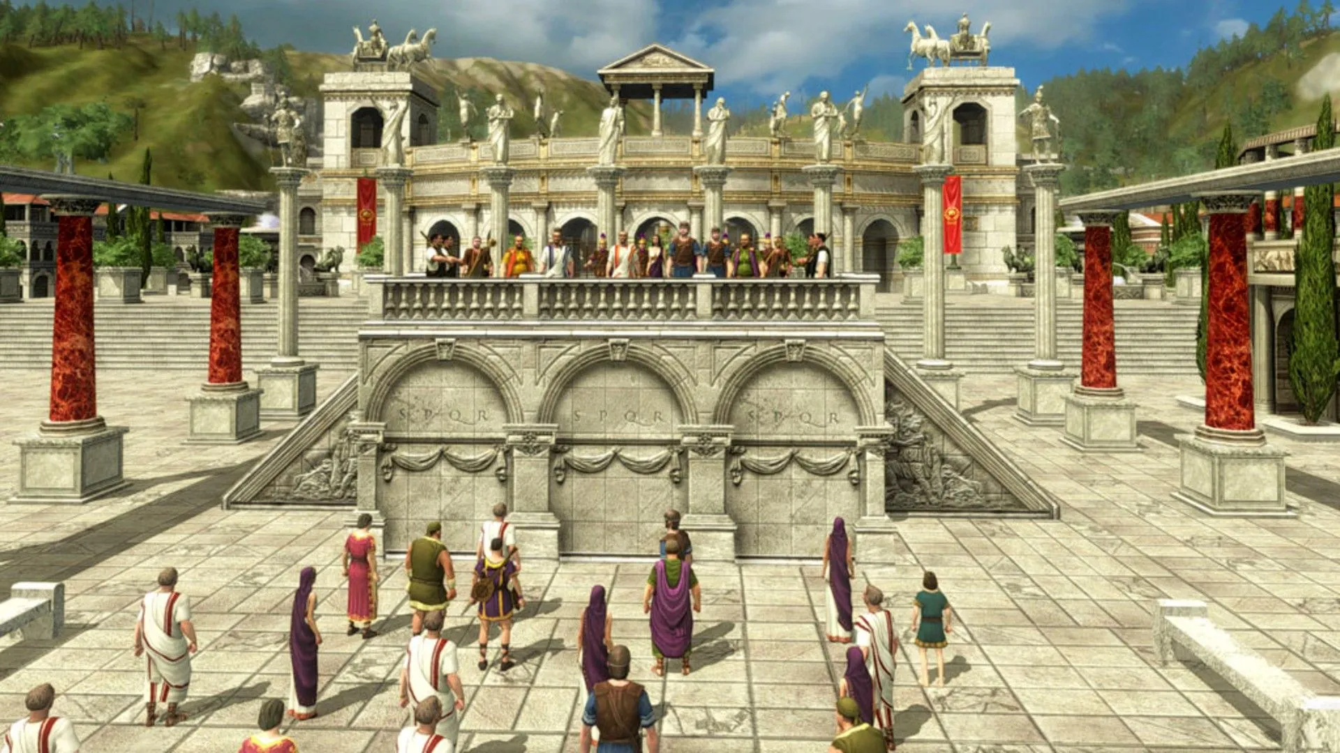 Các chính trị gia La Mã đang diễn thuyết trước dân chúng trong Grand Ages Rome, một game chiến thuật xây dựng thành phố thời La Mã.