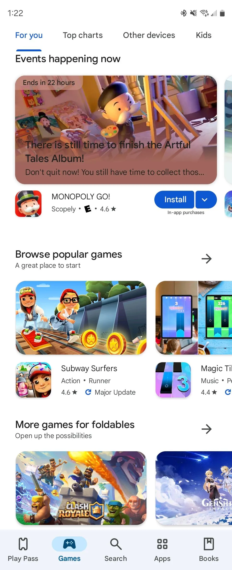 Các danh mục game được tuyển chọn nổi bật trên Google Play Store.