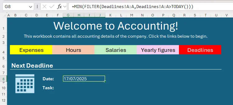 Các hàm MIN, FILTER và TODAY được sử dụng trong Excel để tự động trả về ngày hạn chót tiếp theo từ danh sách.