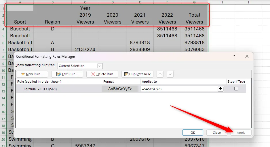Các hàng tiêu đề của mảng tràn trong Excel được tô màu xám sau khi áp dụng quy tắc Định dạng có điều kiện, giúp dễ dàng nhận diện.