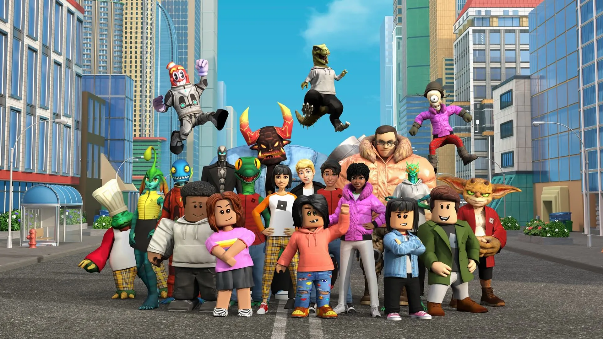 Các hình đại diện người chơi Roblox đứng cùng nhau tương tác trong thế giới ảo.