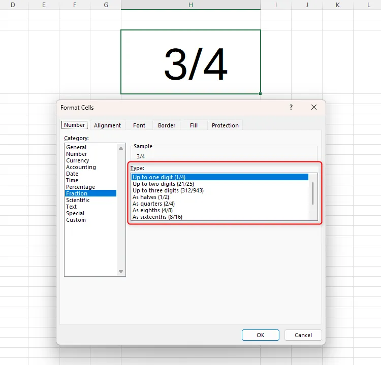 Các loại định dạng phân số khác nhau có sẵn để hiển thị trong hộp thoại Format Cells của Excel
