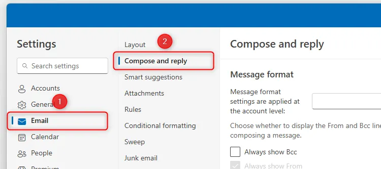 Các mục Email và Soạn và Trả lời (Compose and Reply) trong cửa sổ Cài đặt của Outlook mới.