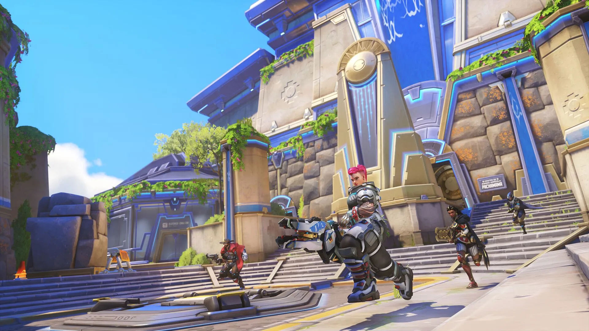 Các nhân vật Overwatch 2 đứng trước một cung điện, gợi ý về bối cảnh game MOBA di động sắp tới