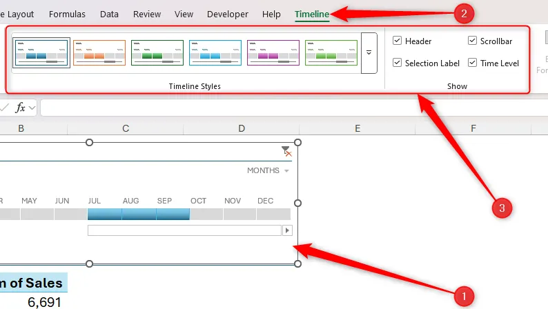Các nhóm &quot;Timeline Styles&quot; và &quot;Show&quot; trên tab Timeline trong Excel, dùng để định dạng bộ lọc dòng thời gian.