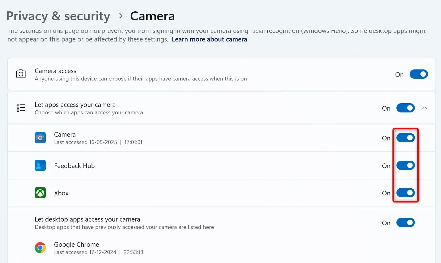 Các nút gạt bật/tắt quyền truy cập camera cho từng ứng dụng riêng lẻ được đánh dấu trong cài đặt Camera của Windows 11.