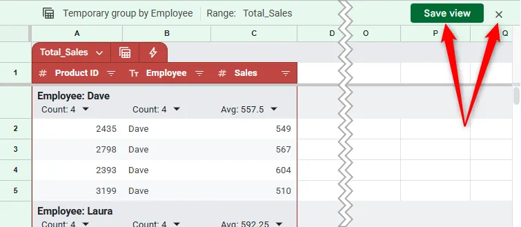 Các nút &quot;Save View&quot; và &quot;Close View&quot; trong Google Sheets.