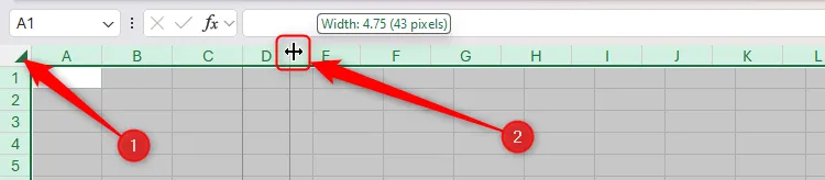 Các ô được chọn toàn bộ trong Excel, điều chỉnh độ rộng cột xuống 4.75 đơn vị để tối ưu không gian.