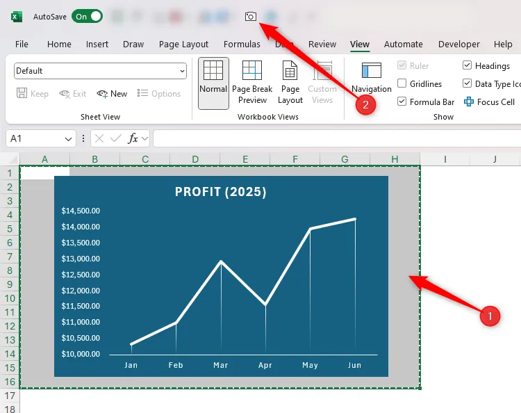 Các ô xung quanh một biểu đồ trong Excel được chọn, và công cụ Camera trong QAT được nhấp để chụp ảnh động của biểu đồ.