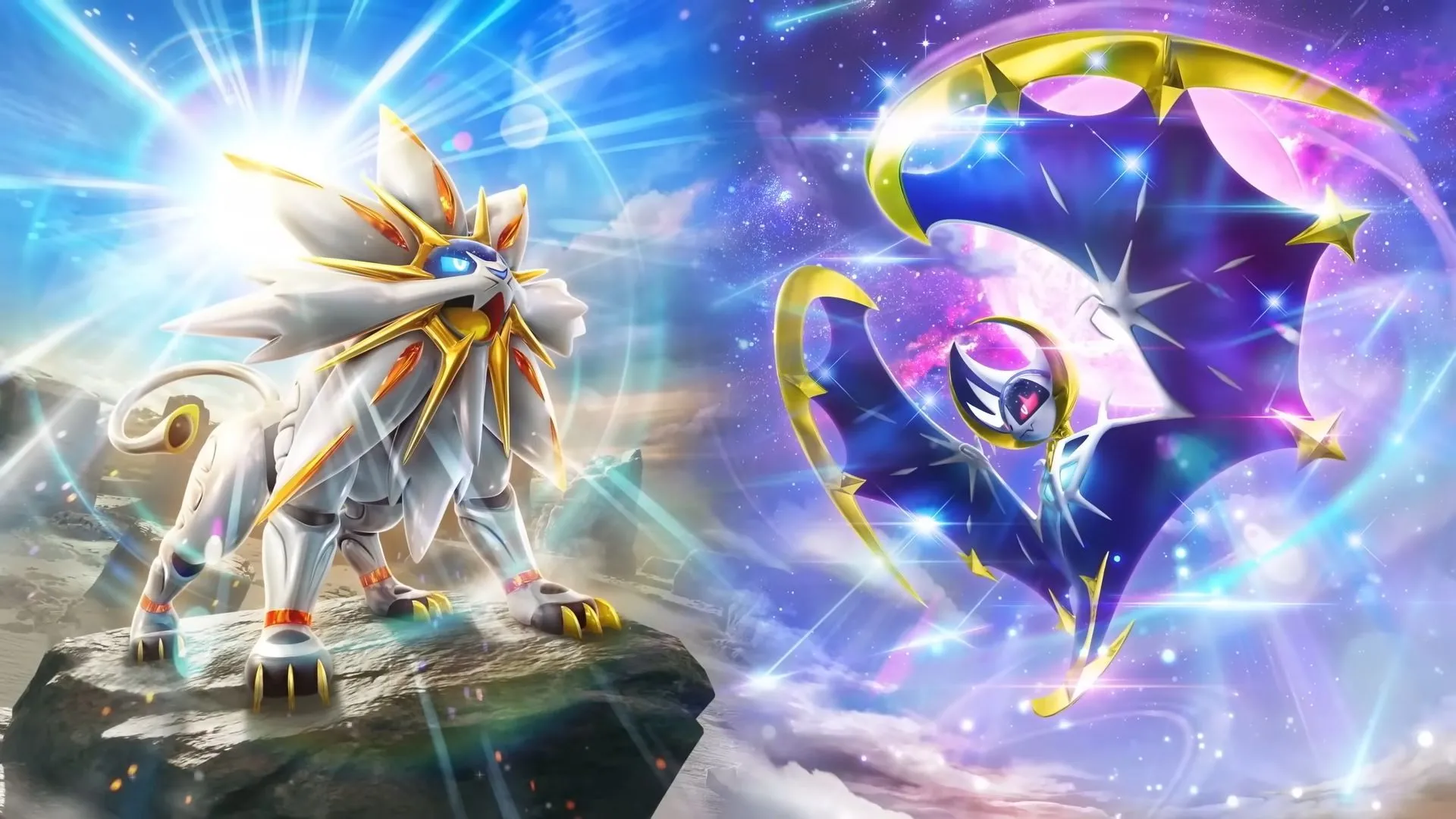 Các Pokémon huyền thoại Lunala và Solgaleo, linh vật của hai phiên bản gói thẻ trong bản mở rộng Pokémon TCG Pocket Celestial Guardians