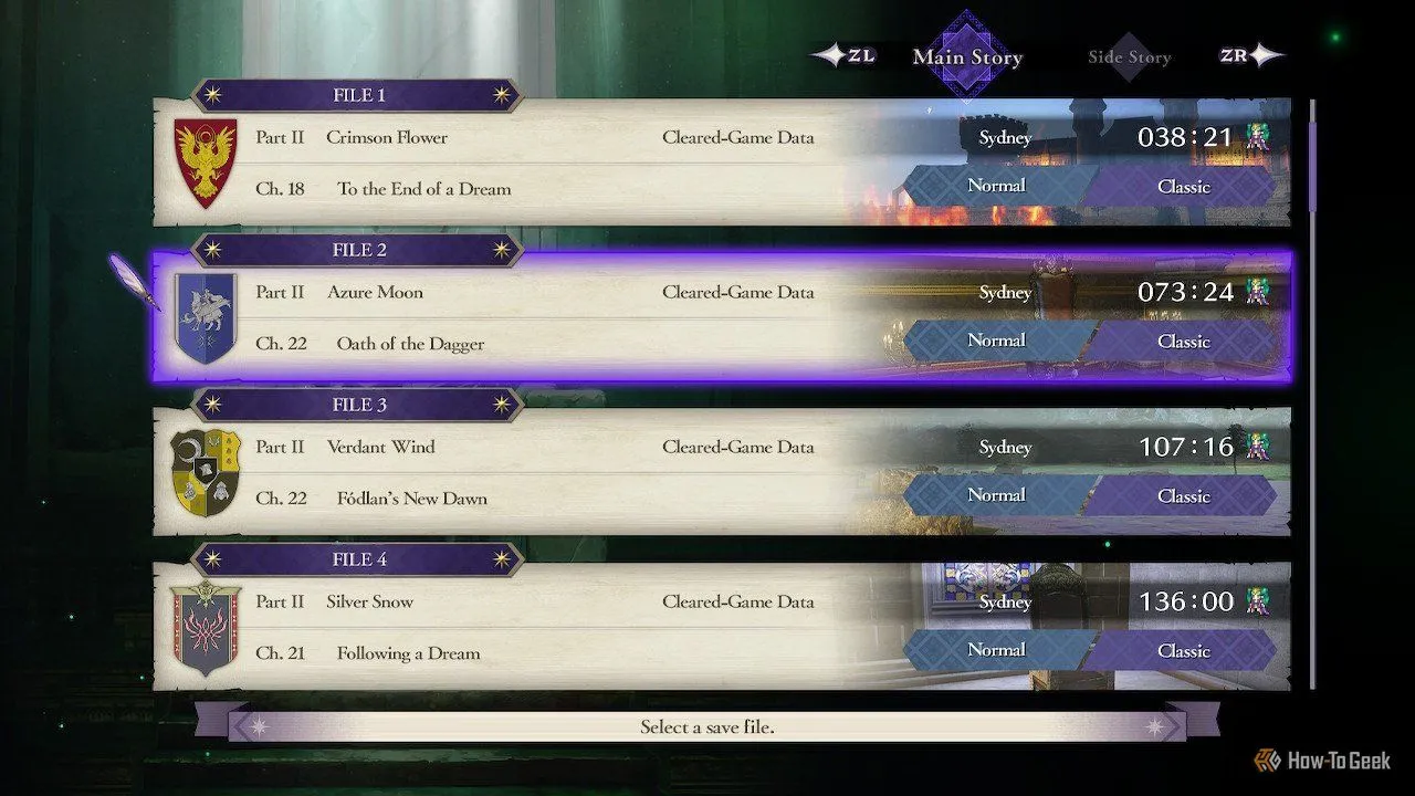 Các tệp lưu game của Fire Emblem: Three Houses, cho thấy người chơi đã hoàn thành cả bốn tuyến đường cốt truyện, thể hiện giá trị chơi lại cao và nhiều lựa chọn.