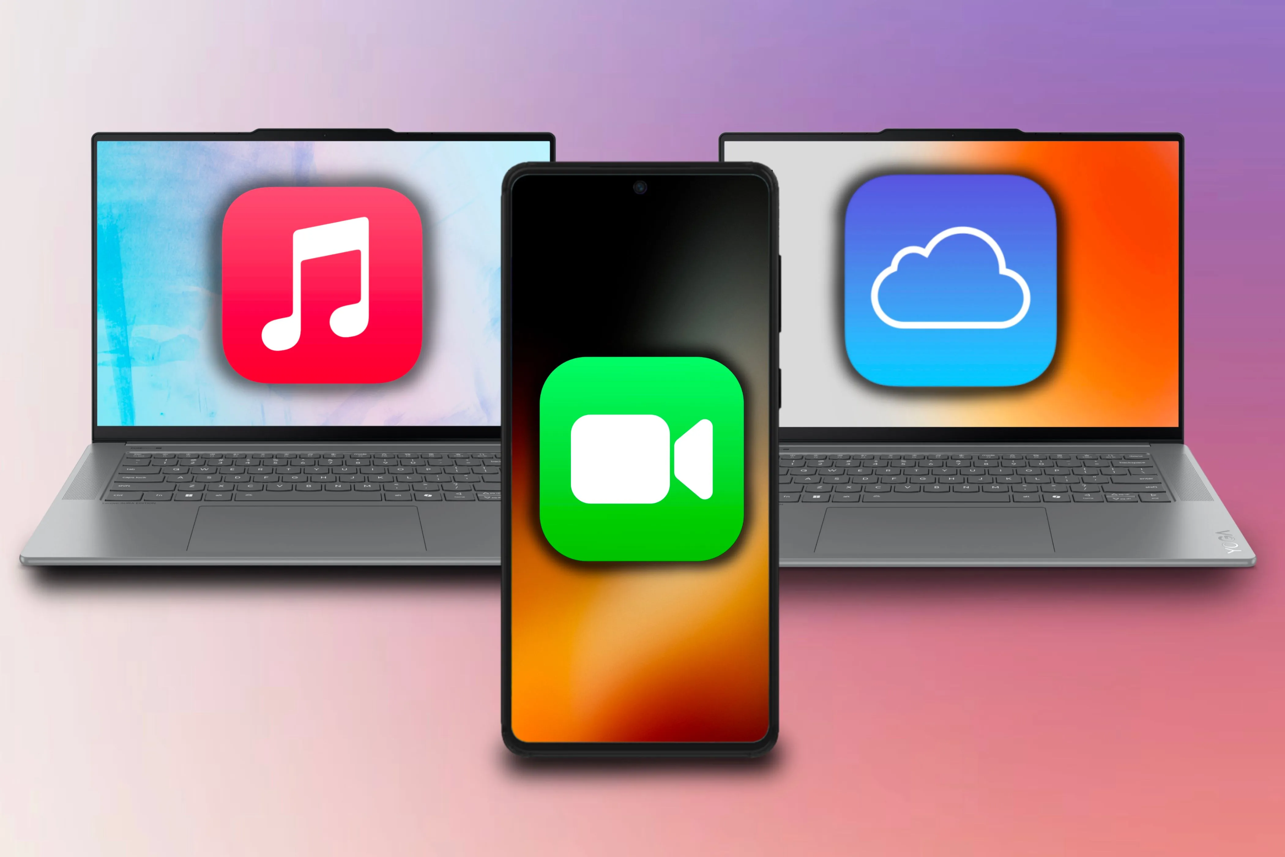 Các thiết bị Windows và Android hiển thị biểu tượng Apple Music, iCloud và FaceTime, thể hiện khả năng truy cập dịch vụ Apple đa nền tảng.
