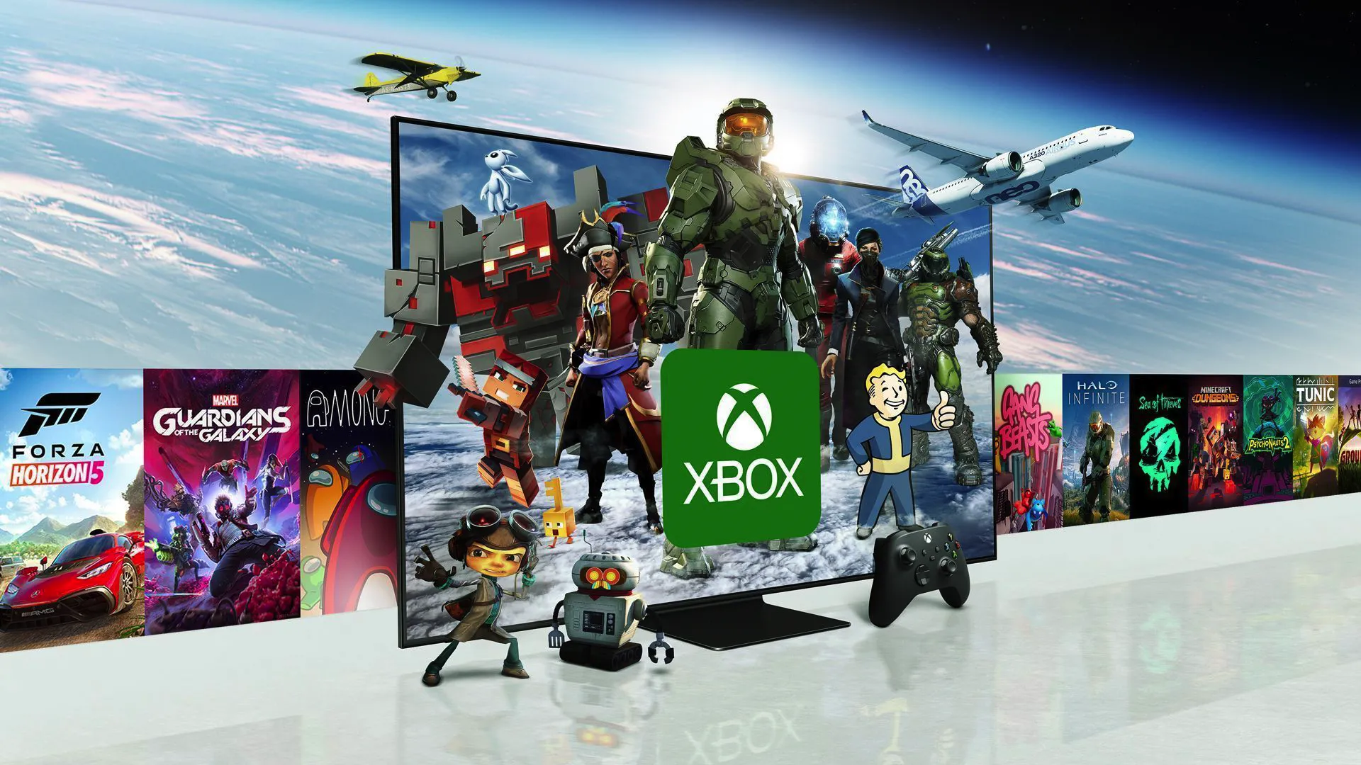 Các tựa game độc quyền của Xbox như Master Chief được trình chiếu trên TV thông minh Samsung, thể hiện chiến lược đa nền tảng của Microsoft.