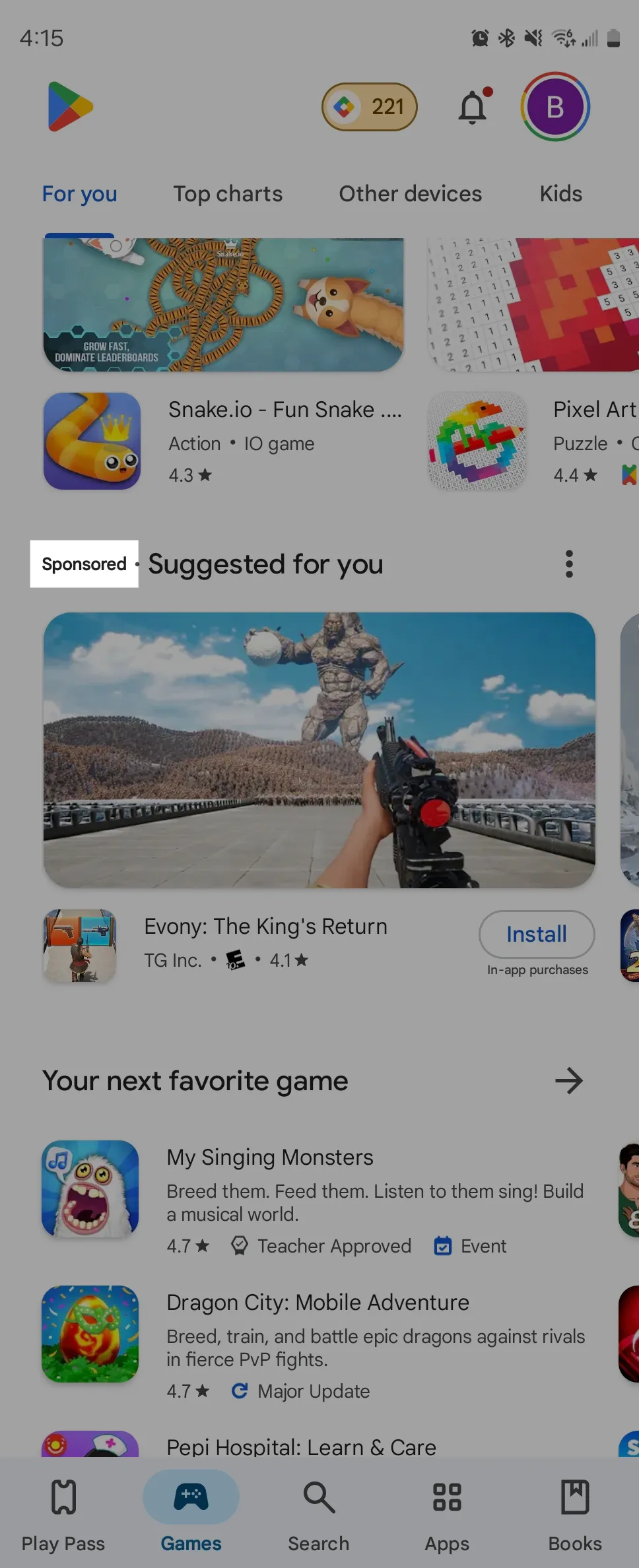 Các tựa game được tài trợ hiển thị dạng băng chuyền trên giao diện Google Play Store