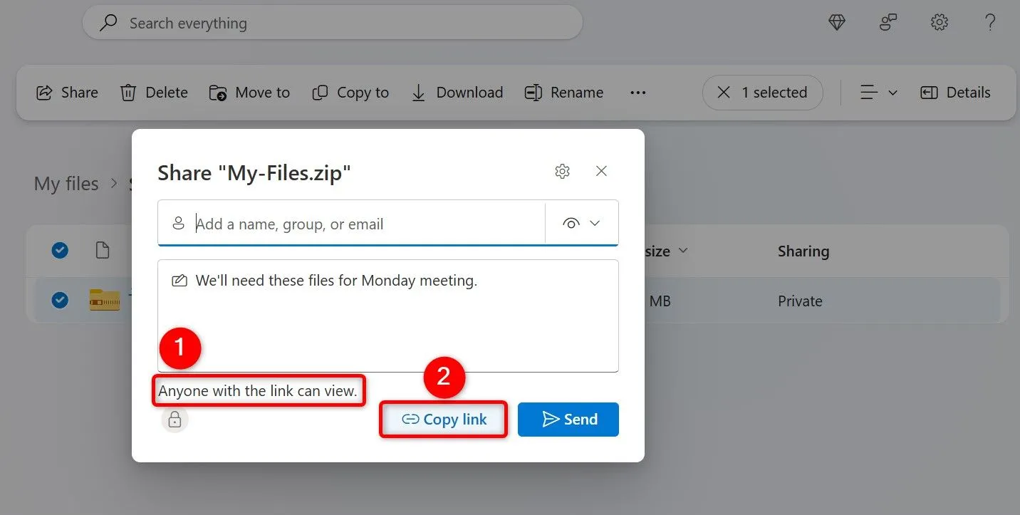 Các tùy chọn để lấy liên kết chia sẻ file trên OneDrive, cho phép thiết lập quyền truy cập và chỉnh sửa.