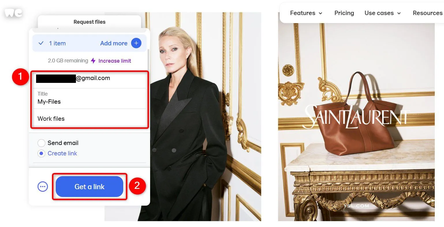 Các tùy chọn để lấy liên kết tải xuống file lớn trên WeTransfer sau khi điền thông tin.