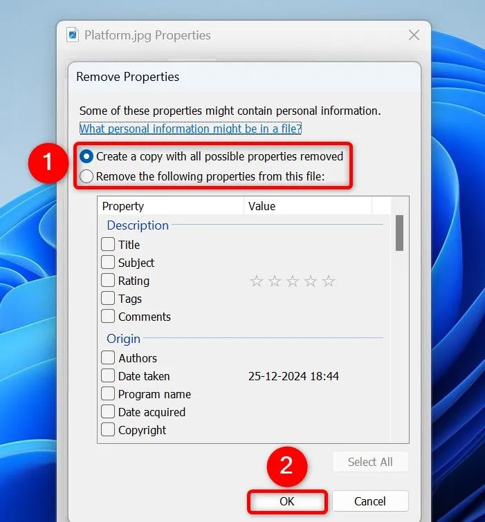 Các tùy chọn để xóa toàn bộ hoặc chọn lọc dữ liệu EXIF trong cửa sổ &quot;Remove Properties&quot;.