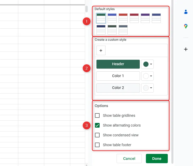 Các tùy chọn định dạng bảng trong Google Sheets.