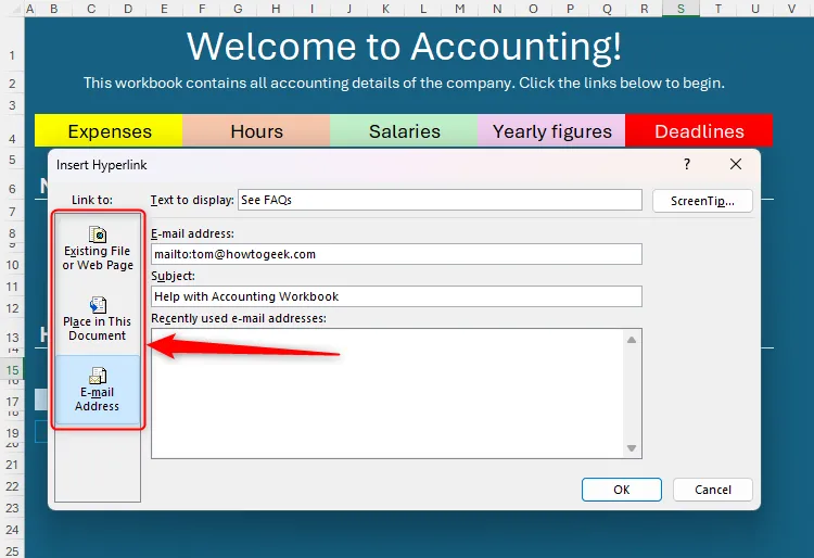 Các tùy chọn loại liên kết khác nhau trong hộp thoại Insert Hyperlink của Excel được hiển thị rõ ràng.