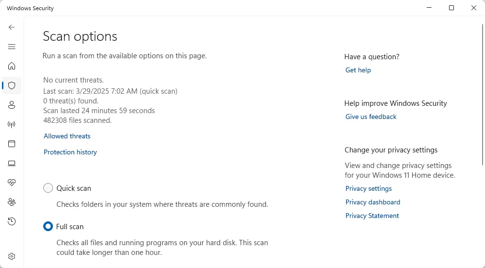 Các tùy chọn quét virus trong Windows Security của Windows 11
