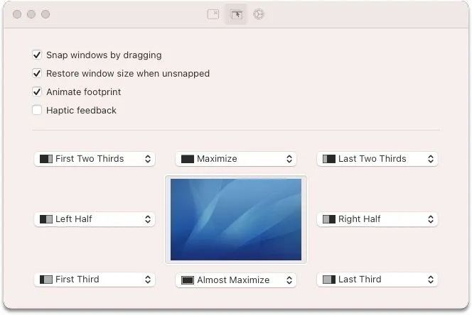 Các tùy chọn sắp xếp cửa sổ bằng cách kéo thả trong ứng dụng Rectangle trên macOS.