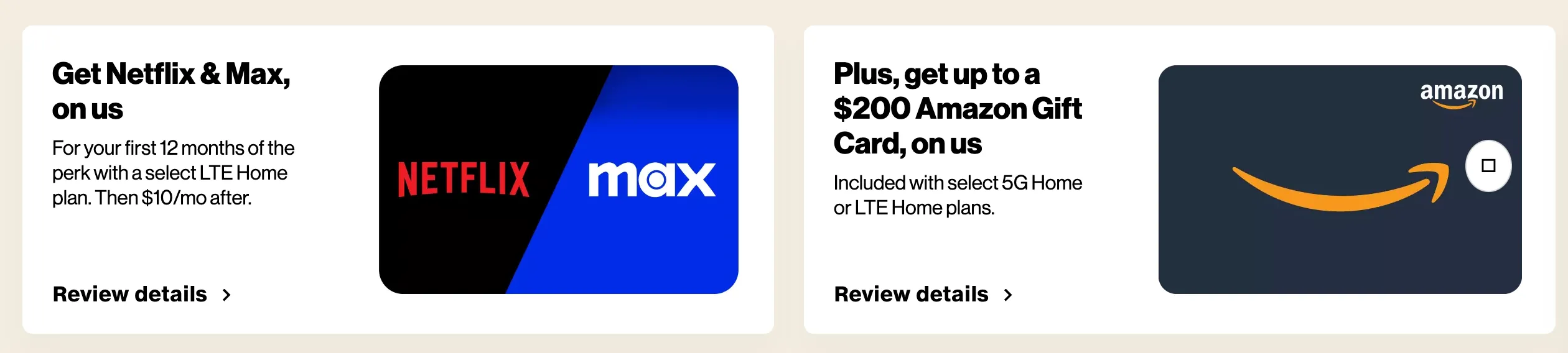Các ưu đãi của Verizon bao gồm Netflix, Max và Thẻ quà tặng Amazon khi đăng ký gói cước.