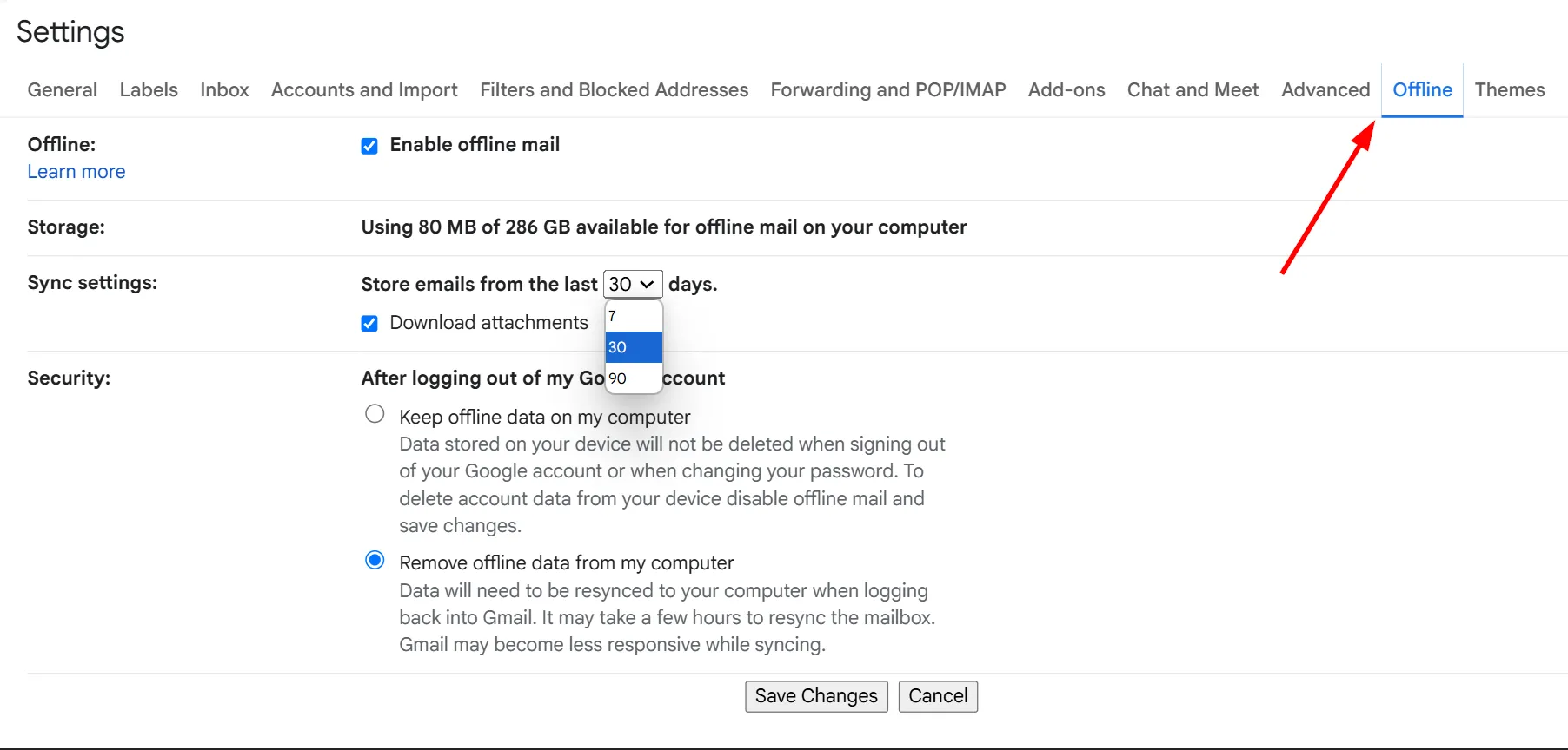 Cài đặt chế độ ngoại tuyến trong Gmail, nơi bật và tùy chỉnh tính năng.