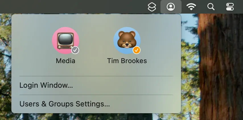 Cài đặt chuyển đổi người dùng nhanh trong macOS, hiển thị tùy chọn &quot;Fast User Switching&quot; trên thanh menu
