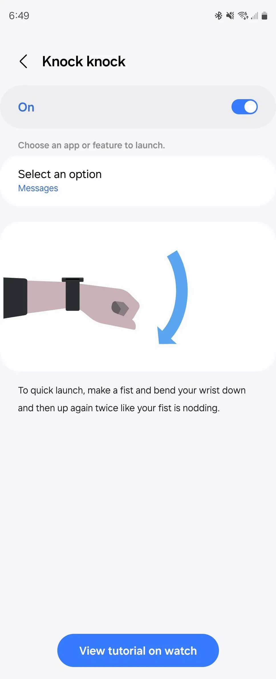 Cài đặt cử chỉ gõ cửa (knock knock) trên Galaxy Watch trong ứng dụng Samsung Wearable.
