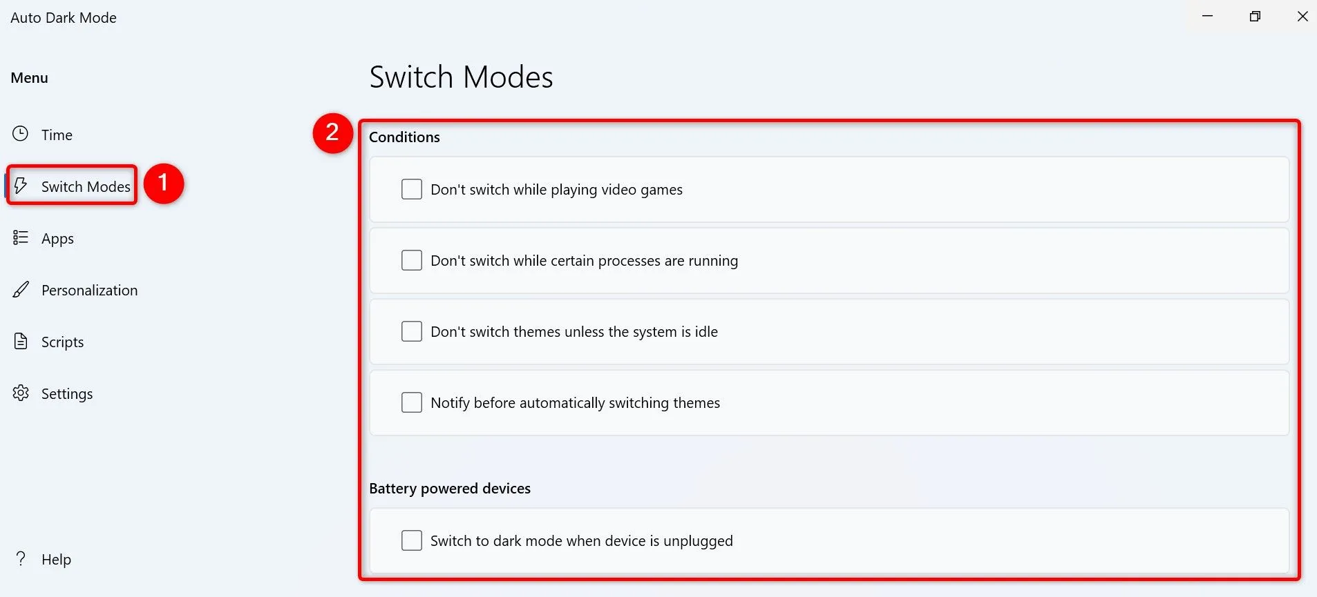 Cài đặt điều kiện chuyển đổi chế độ và chế độ ban đêm trong ứng dụng Auto Dark Mode